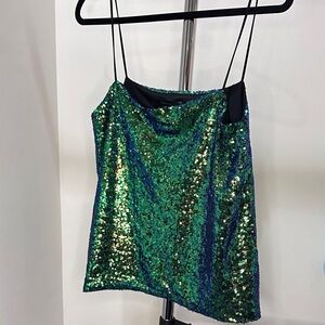 Haoduoyi Green Sequins Cami Spaghetti Strap Top, Size Large